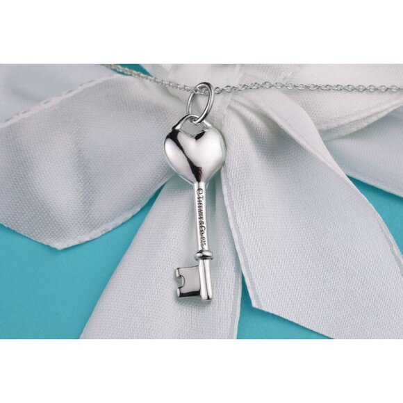 Tiffany & Co. Key Necklace Blue Enamel Heart Key Pendant in Sterling Silver 16" - Picture 2 of 7